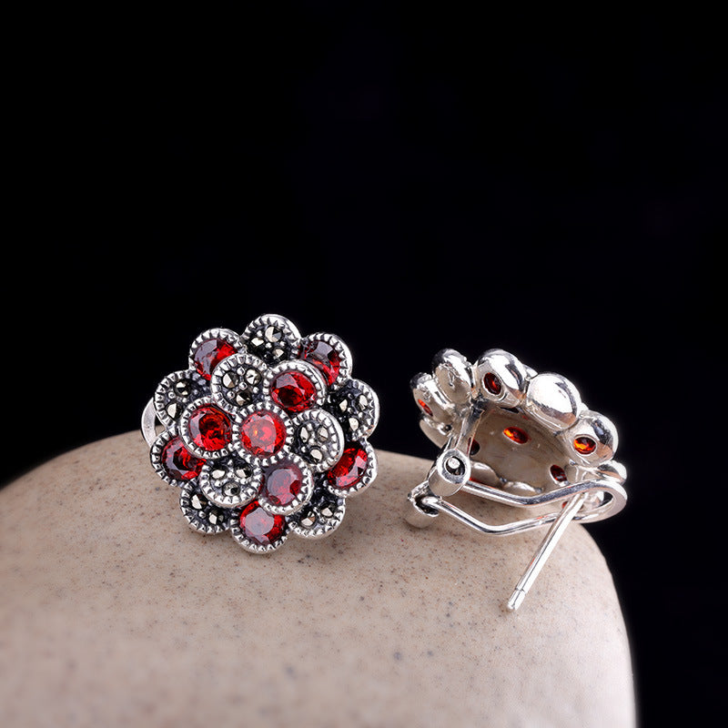 Ladies 925 Silver Jewelry Flower Red Zircon Earrings