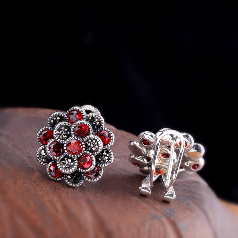 Ladies 925 Silver Jewelry Flower Red Zircon Earrings