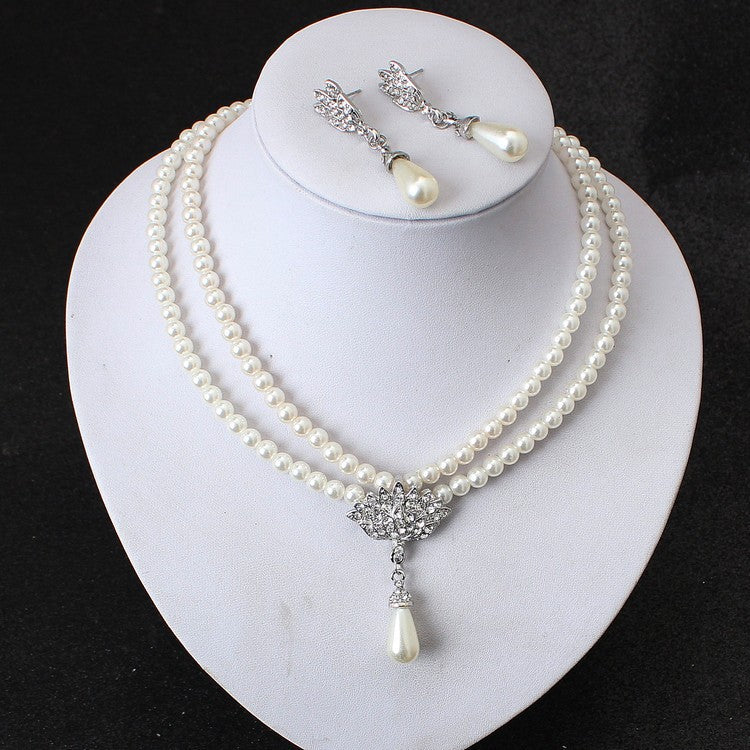 European And American Jewelry Bride Pearl Crystal With Short Collarbone Neck Necklace Set Earrings Korean Version Temperament