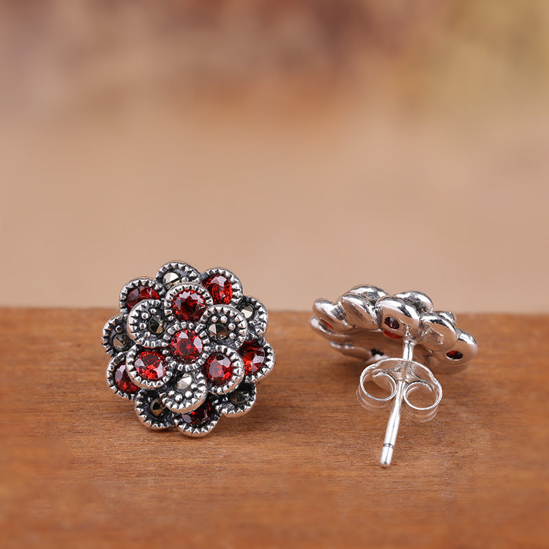 Ladies 925 Silver Jewelry Flower Red Zircon Earrings