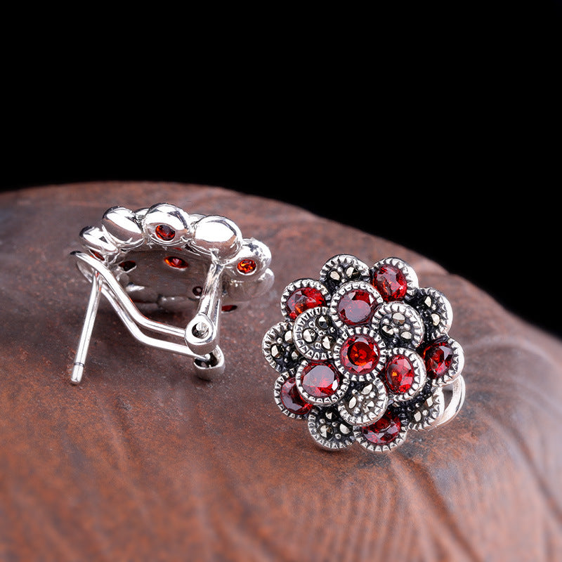 Ladies 925 Silver Jewelry Flower Red Zircon Earrings