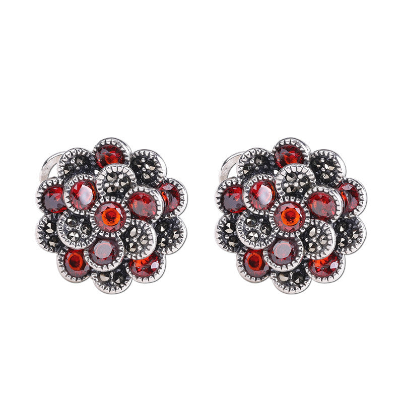 Ladies 925 Silver Jewelry Flower Red Zircon Earrings