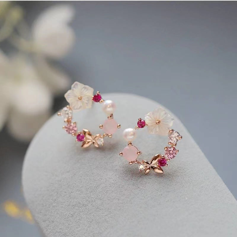 S925 Sterling Silver Fresh Pink Garland Stud Earrings Korean And Japanese Style